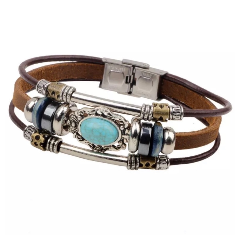 Turquoise Leather Punk Bracelet - Picture 3 of 4